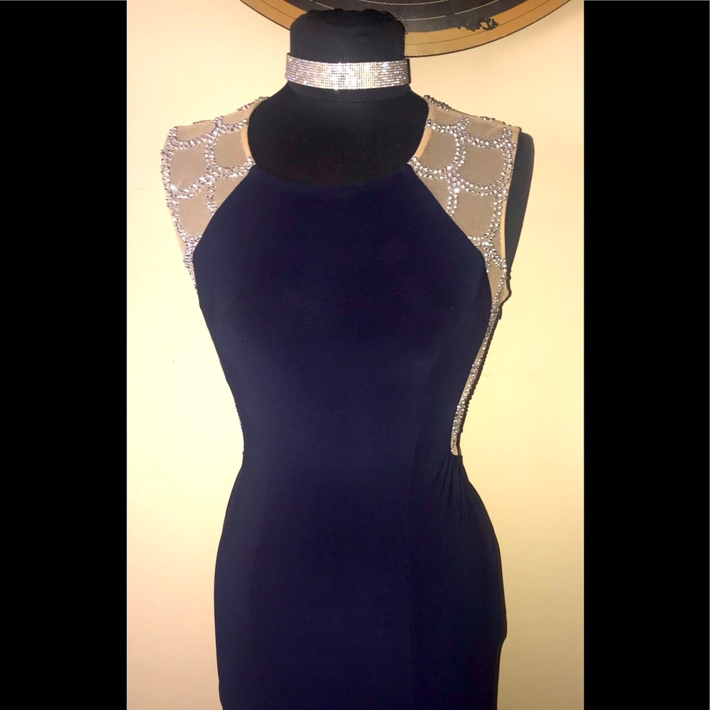 Xscape Dress Navy Sequined Open jeweled Back Evening Gown Sz 2